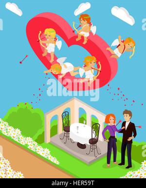 Valentines day 3d isometric angels with bow. Valentines day, woman man restaurant, love valentine heart, cupid valentine, Stock Vector