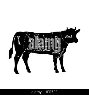 Scheme of Beef Cuts for Steak and Roast. American cuts of beef. Scheme of beef cuts for steak and roast. Butcher cuts scheme. Stock Vector