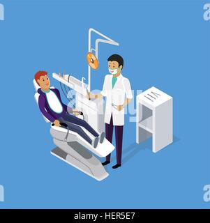 Isometric dentist office during reception patient. Dentistry and doctors office, dentist and patient, dentist chair, dental and Stock Vector