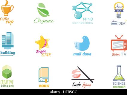 Set of logo design flat icon isolated. Mail dove logo, retro tv logo, book logo, sushi logo, research science logo, logo Stock Vector