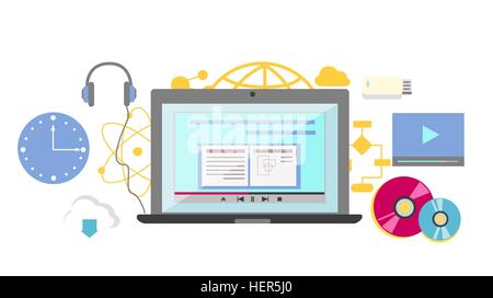 Video tutorial icon flat design style. Online education, information web from laptop, study internet, e-learning and knowledge, Stock Vector