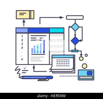 Icon flat style design working process. Business pdca, development and organization, management project, strategy and document, Stock Vector