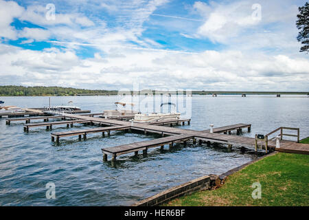 Boat docks at Kowaliga Restaurant on Lake Martin, Alabama USA. Stock Photo