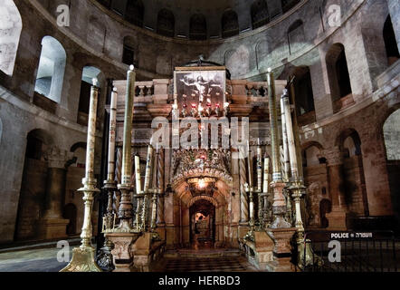 Jerusalem, Israel - October 28, 2013: Aedicula in the Church of Holy Sepulchre, place believed to be Christ’s tomb. Stock Photo