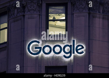 Montreal, Canada - December 22, 2016: Picture of the Google logo on Google headquarters on Sainte Catherine Street in Montreal Stock Photo