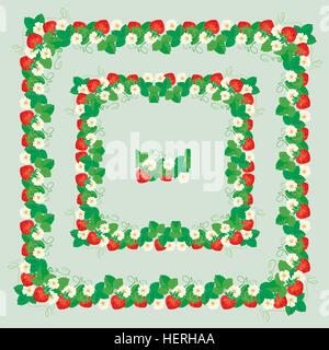 Square frames with Strawberries, flowers and leaves isolated on gray background. Repeated element for seamless ornament. Stock Vector
