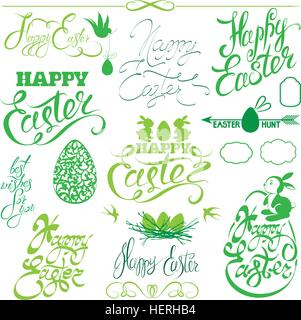 Set of Happy Easter holiday calligraphy. Hand lettering greetings, symbols, icons in green color, isolated on white background. Stock Vector