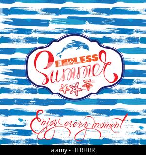 Seasonal Card with frame on paint stripe blue and white background. Calligraphic handwritten text Endless Summer, Enjoy every Stock Vector