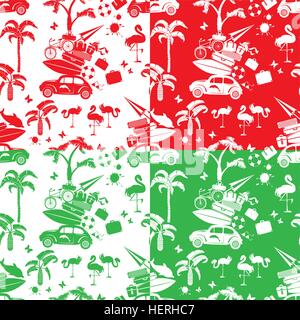 Set of seamless patterns with small retro travel car, luggage, palm trees, flamingo, red, green and white color backgrounds. Stock Vector