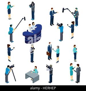Journalist Work Isometric Icons Set. Journalists at work isometric icons set of conducting interviews reporting and Stock Vector