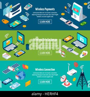 Wireless technologies horizontal banner set with isometric data ...