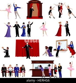 Images Set Of Theater People. Flat images set of scenes with theater people from ballerina and actors to spectators isolated Stock Vector