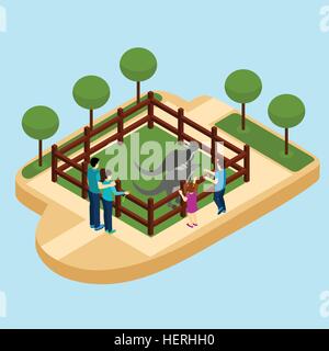 Zoo Isometric Illustration . Zoo with family watching kangaroos on blue background isometric vector illustration Stock Vector
