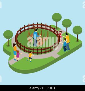 Contact Zoo Illustration . Contact zoo with people and lemurs on blue background isometric vector illustration Stock Vector