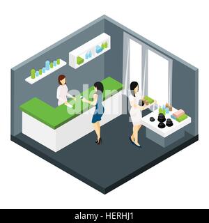 Spa Salon Isometric Illustration . Spa and beauty salon with massage stones and aromatherapy isometric vector illustration Stock Vector