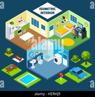 Isometric interior concept. Isometric interior concept with indoor furniture and outdoor elements vector illustration Stock Vector