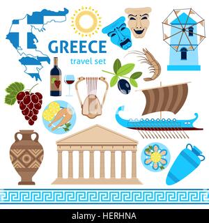 Greece Symbols Touristic Set Flat Composition. Travel agency greece cultural tours poster with national historical symbols flag Stock Vector