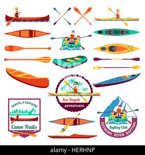 Rafting Canoeing And Kayak Elements Set . Canoe trails and rafting club emblem with kayaking equipment elements flat icons Stock Vector