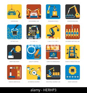 Industrial Assembly Line Flat Icons Set . Industrial automated assembly line flat icons set with computer controlled Stock Vector