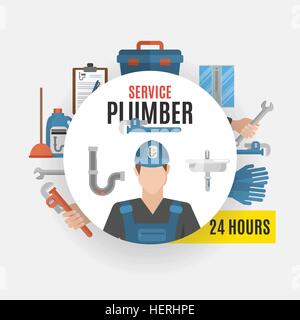 Plumber Service Design Concept. Plumber service design concept set of tools for repairing pipeline and cleaning clogged sink Stock Vector