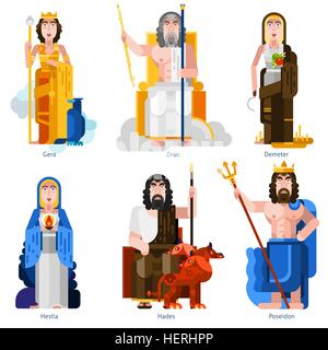 Olympic Gods Decorative Icons Set. Color olympic gods icons set in cartoon style on white background with gera zeus demeter Stock Vector