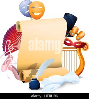 Theater Background Flat Composition Poster. Traditional theatre symbols flat composition background poster print with script Stock Vector