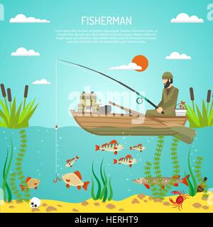 Fisherman Color Design Concept. Flat color design concept with fisherman with spinning in boat reeds and fishes in lake flat Stock Vector