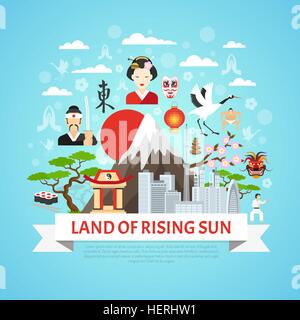 Japan Concept Background . Japan concept background with land of rising sun symbols flat vector illustration Stock Vector