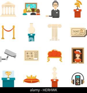 Museum Decorative Flat Color Icons Set. Museum decorative flat color icons set of exhibits audio guide headphones and ticket Stock Vector