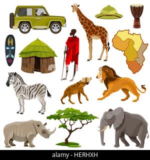 Africa Icons Set.  Africa cartoon icons set with zebra lion and hippo isolated vector illustration Stock Vector