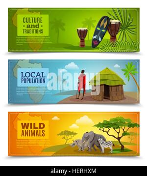 Africa Banners Set . Africa horizontal cartoon banners set with culture and traditions symbols isolated vector illustration Stock Vector