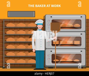 Baker at work concept. Baker at work concept with bread oven flat vector illustration Stock Vector