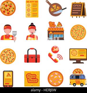 Pizza colored set. Pizza flat colored icons set with chef mobile order application and delivery truck isolated vector Stock Vector