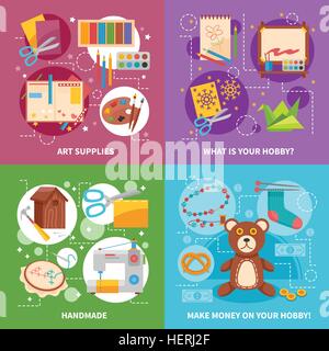 Hobby 2x2 Design Concept . Hobby 2x2 design concept with handicraft items art supplies soft toy and tools for handmade flat Stock Vector