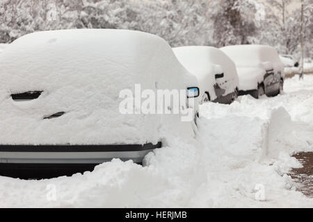 Cars parked in road buried under heavy snow Stock Photo