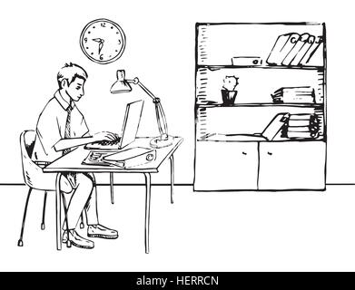 Businessman working in office with computer and papers, Hand drawn vector illustration Stock Vector