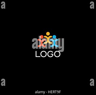 Isolated human silhouettes holding hands logo. People unity logotype. Abstract colorful vector illustration on black background. Stock Vector