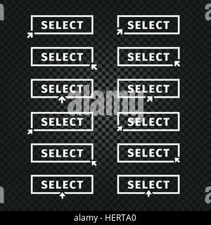 Isolated white word select in frame on black background logo collection. Website element with cursor logotype set. Choice button icon. Unusual stamp vector illustration. Stock Vector