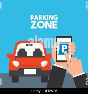 parked car in parking zone and hand holding a smartphone with park icon on screen. colorful design. vector illustration Stock Vector