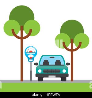 parked car in parking zone with trees icon. colorful design. vector illustration Stock Vector