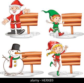 Christmas theme with wooden signs and characters illustration Stock Vector