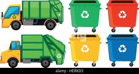 Rubbish truck and cans in four colors illustration Stock Vector
