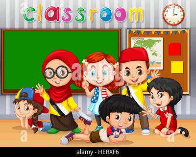 Many kids learning in classroom illustration Stock Vector