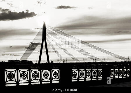 Riga, Latvia - august 1, 2014: large Cable-stayed bridge in Riga, Latvia, in black and white Stock Photo