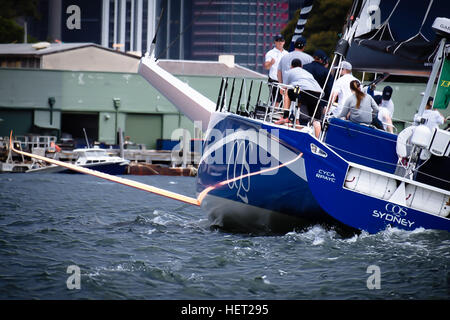 Sydney, Australia. 22nd Dec, 2016. The new DSS aqua foil system (orange) clearly seen on 100ft maxi racing yacht CQS ahead of the start of the Rolex Sydney Hobart Yacht Race. © Hugh Peterswald/Pacific Press/Alamy Live News Stock Photo