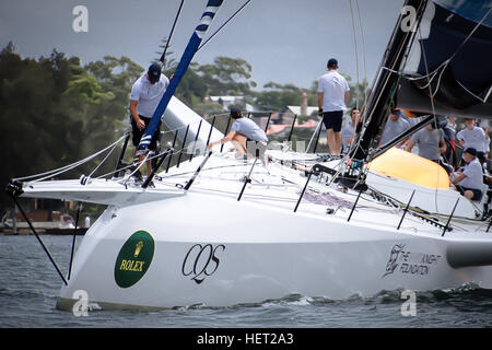 Sydney, Australia. 22nd Dec, 2016. The new reverse bow and a long bowsprit pictured on100ft maxi racing yacht CQS ahead of the start of the Rolex Sydney Hobart Yacht Race. © Hugh Peterswald/Pacific Press/Alamy Live News Stock Photo