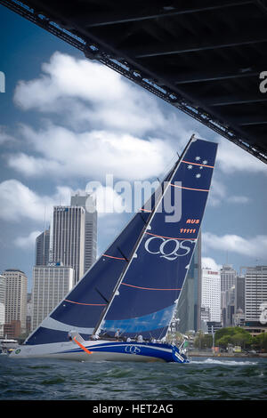 Sydney, Australia. 22nd Dec, 2016. 100ft maxi racing yacht CQS pictured sailing under the Sydney Harbour Bridge during a training run on Sydney Harbour ahead of the start of the Rolex Sydney Hobart Yacht Race. © Hugh Peterswald/Pacific Press/Alamy Live News Stock Photo
