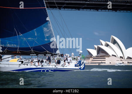 Sydney, Australia. 22nd Dec, 2016. 100ft maxi racing yacht CQS pictured with the Sydney Opera House during a training run on Sydney Harbour ahead of the start of the Rolex Sydney Hobart Yacht Race. © Hugh Peterswald/Pacific Press/Alamy Live News Stock Photo