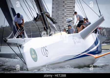 Sydney, Australia. 22nd Dec, 2016. The new reverse bow and a long bowsprit pictured on100ft maxi racing yacht CQS ahead of the start of the Rolex Sydney Hobart Yacht Race. © Hugh Peterswald/Pacific Press/Alamy Live News Stock Photo