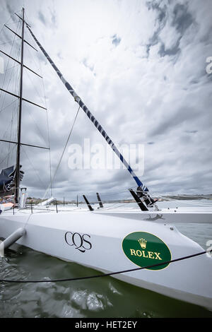 Sydney, Australia. 22nd Dec, 2016. Fisheye view of the new reverse bow and a long bowsprit pictured on100ft maxi racing yacht CQS ahead of the start of the Rolex Sydney Hobart Yacht Race. © Hugh Peterswald/Pacific Press/Alamy Live News Stock Photo